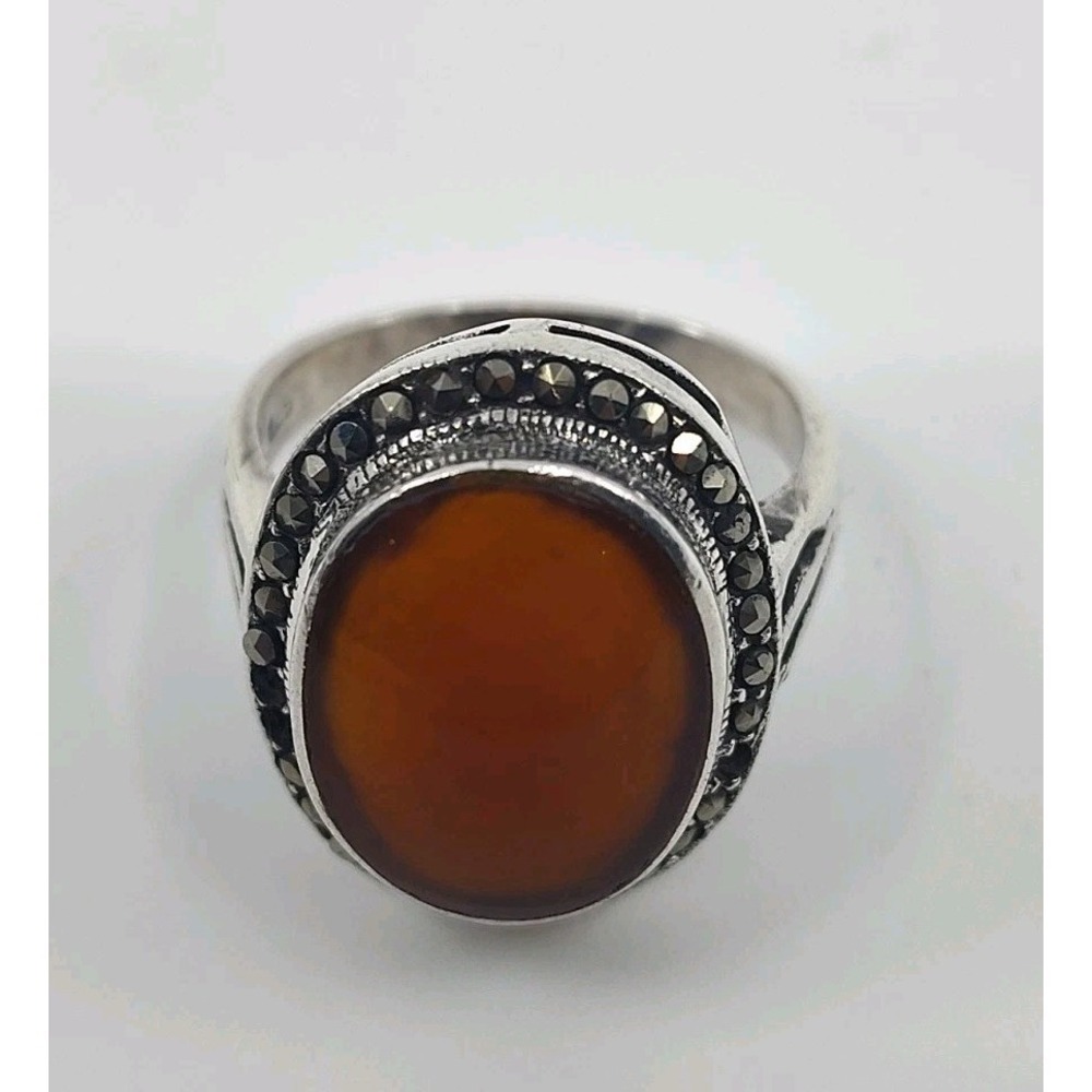 Sterling Silver 925 Carnelian Agate Rhinestone Accent Size 7.75 Women's Ring